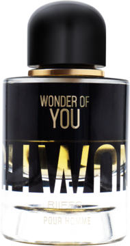 Czarno-złoty flakon perfum Riiffs Wonder Of You Men 100 ml z napisem 'WONDER OF YOU', widok frontalny.