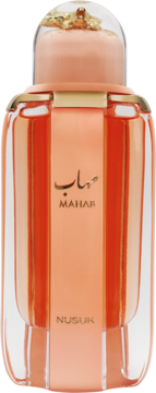 Riiffs Prive Mahad 100ml perfum. Przezroczysta butelka z pomarańczowymi pasami, złote napisy MAHAR i NUSUIK, złote drobinki w korku.