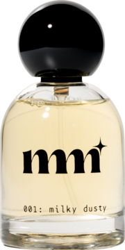 Perfumy do włosów i ciała Milky Mane 001: Milky Dusty. Szklana butelka z czarną, kulistą nakrętką. Widok z przodu.