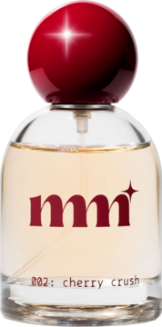 Perfumy do włosów i ciała Milky Mane 002 Cherry Crush w przezroczystej butelce z czerwoną, kulistą nakrętką, widok z przodu.