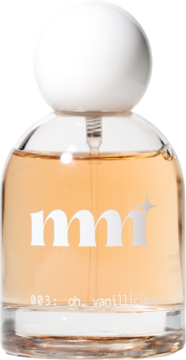 Milky Mane 003: Oh, Vanillicious, waniliowo-kokosowe perfumy do włosów i ciała, szklana butelka, biała nakrętka, widok z przodu.