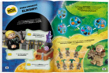 Otwarta książka LEGO Harry Potter: Draco Malfoy z minifigurką przy stole eliksirów, ilustracje z magicznymi roślinami.