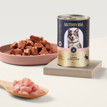 Karma Nutrivida dla psa z królikiem w puszce, obok miska z karmą i surowe mięso na drewnianej łyżce.