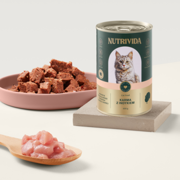Zielono-różowa puszka karmy NUTRIVIDA dla kota z indykiem, obok miska pasztetu i łyżka surowego mięsa.
