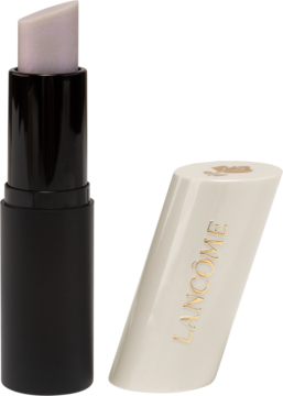 Otwarty rozświetlacz Lancôme Teint Idôle Shape w czarnym sztyfcie, z jasnofioletową końcówką i białą zakrętką z logo.