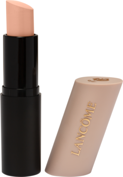 Lancôme Teint Idole Shape Stick, beżowy podkład w sztyfcie z czarnym korpusem i leżącą obok nakładką z logo.