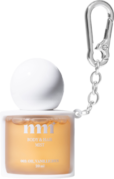 Mgiełka mmi CBD i wanilia w butelce 20ml, bursztynowy płyn, biała zakrętka, srebrny karabińczyk, widok z przodu.