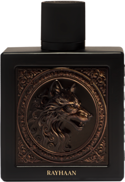 Rayhaan Wolf EDP męski, czarny flakon z ozdobnym, brązowym metalowym emblematem wilka. Widok z przodu.