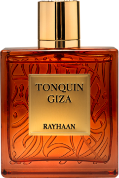 Woda perfumowana unisex Rayhaan Tonquin Giza, pomarańczowa butelka z wytłaczanymi wzorami i złotą etykietą, widok z przodu.
