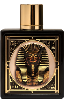 Czarna butelka perfum unisex Rayhaan Pharaoh ze złotą maską faraona 3D i hieroglifami, widok z przodu.