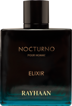 Ciemna, prostokątna butelka perfum Rayhaan Nocturno Elixir z gradientem turkusu u dołu, złote napisy, widok z przodu.