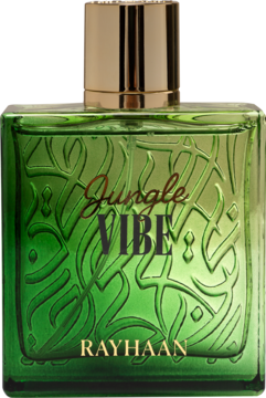 Rayhaan Jungle Vibe, zielona butelka z motywem dżungli, świeży, cytrusowo-drzewny zapach unisex, widok z przodu.