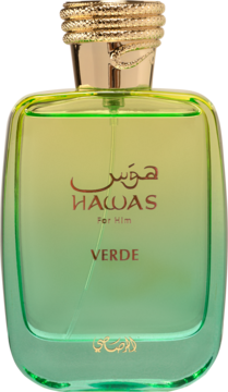 Męskie perfumy Rasasi Hawas Verde w zielonej butelce z gradientem, złotą nakrętką, widok z przodu.