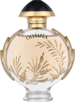 Złoty flakon perfum Paco Rabanne Olympéa, okrągły, z czarnym korkiem, zdobiony liśćmi, widok z przodu.