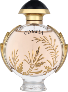 Okrągła butelka perfum Olympéa z różowym płynem, ozdobiona złotymi reliefami liści, czarny korek, ujęcie frontalne.