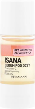 ISANA Serum pod Oczy z 1% witaminy C i guaraną. Biała butelka fragrance-free, widok z przodu.