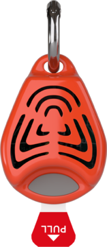 Tickless Pet, pomarańczowy ultradźwiękowy odstraszacz kleszczy z metalowym karabinkiem i czerwonym uchwytem PULL.
