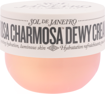 Krem do ciała Sol de Janeiro Rosa Charmosa Dewy Cream w okrągłym brzoskwiniowym słoiku, z białym wieczkiem, widok z przodu.