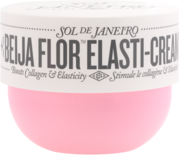 Sol de Janeiro Beija Flor Elasti-Cream, krem do ciała na kolagen i elastyczność, biało-różowy słoiczek, z przodu.