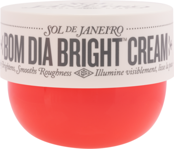 Krem do ciała Sol de Janeiro Bom Dia Bright Cream. Okrągły słoik w kolorze koralowym z białą zakrętką, widok z przodu.