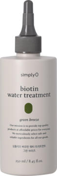SimplyO Biotin Water Treatment 250ml, beżowa butelka z szarą pompką, front, 'green breeze'.