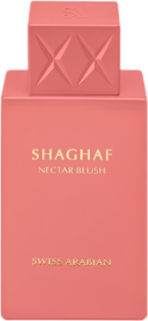 Unisex perfuma Swiss Arabian Shaghaf Nectar Blush, różowa matowa butelka, geometryczna zakrętka, złote napisy.