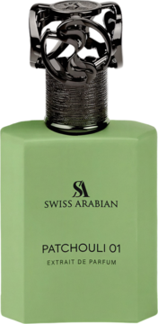Zielony, matowy flakon Swiss Arabian Patchouli 01 Extrait de Parfum z czarną, ozdobną nakrętką, widok z przodu.