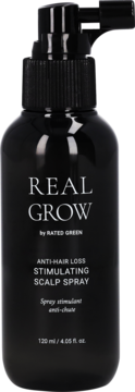 Czarny spray stymulujący REAL GROW Anti-Hair Loss, 120ml, z aplikatorem. Widok z przodu, biały napis.