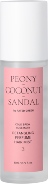 RATED GREEN Detangling Perfume Hair Mist Peony Coconut Sandal, przezroczysta butelka z różową etykietą, widok z przodu.
