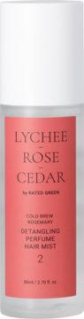 Rated Green Lychee Rose Cedar detangling hair mist with Rosemary, 80ml, white bottle, pink label, front view.
