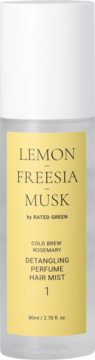 Rated Green detangling perfume hair mist, Lemon Freesia Musk, 80ml, transparent bottle, yellow label, front view.