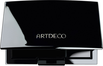 Czarna, błyszcząca kasetka magnetyczna Artdeco Beauty Box Quattro z logo, widok z przodu.