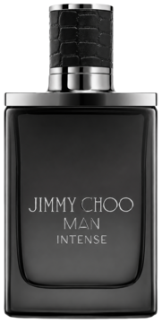Jimmy Choo Man Intense woda toaletowa, prostokątna butelka w ciemnym szkle, srebrny napis, krokodylowy korek.