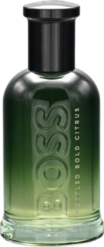 Męska woda Boss Bottled Bold Citrus w zielonej, szklanej butelce z gradientem, wytłoczone logo, czarna nakrętka.