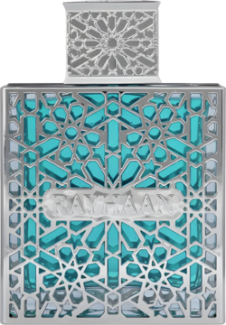 Woda perfumowana męska Rayhaan Aquatica, srebrna butelka z turkusowym płynem, elegancki geometryczny ażurowy wzór.
