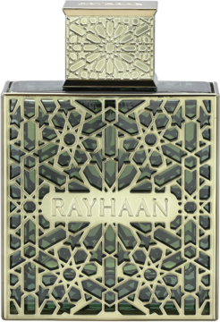 Męska woda perfumowana Rayhaan Terra, złota butelka z geometrycznym wzorem i zielonym tłem, napis RAYHAAN.