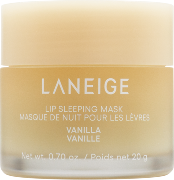 LANEIGE Lip Sleeping Mask Vanilla, w jasnym, matowym słoiczku, widok z przodu. Regenerująca maseczka do ust.