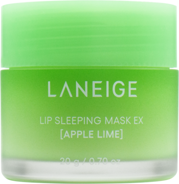 Zielona maska do ust LANEIGE Lip Sleeping Mask EX [APPLE LIME] w słoiczku z matowym wykończeniem, widok z przodu.