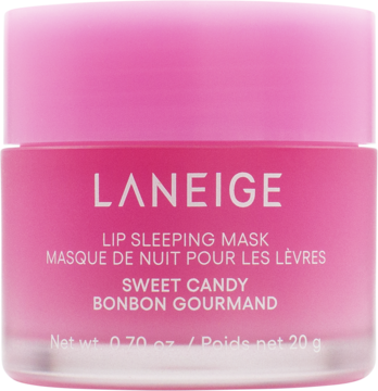 LANEIGE Lip Sleeping Mask Sweet Candy w okrągłym, matowym różowym słoiczku, widok z przodu.