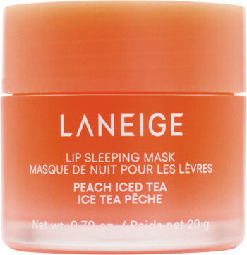 LANEIGE Lip Sleeping Mask Peach Iced Tea, brzoskwiniowa maska nawilżająca do ust, matowy słoiczek, frontalny widok.