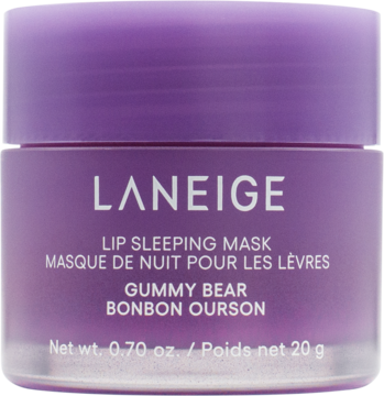 LANEIGE Lip Sleeping Mask Gummy Bear, fioletowy słoiczek 20g, nawilżająca maska do ust z witaminą C, widok z przodu.