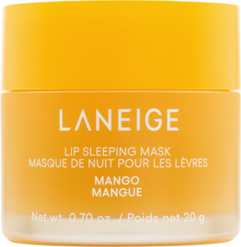 LANEIGE Lip Sleeping Mask Mango w żółtym słoiczku z matowym szkłem, widok z przodu, 20g.