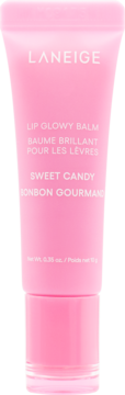 Różowy balsam do ust Laneige Lip Glowy Balm Sweet Candy, tubka z białymi napisami, widok z przodu.