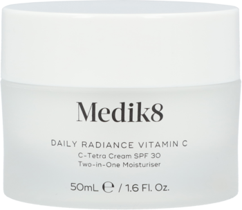 Biały, matowy słoiczek kremu Medik8 C-Tetra Cream SPF 30. Dzienny nawilżacz z witaminą C 50ml, widok z przodu.