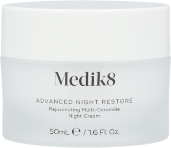 Medik8 Advanced Night Restore Night Cream, regenerujący z multi-ceramidami, w białym słoiku 50ml, widok z przodu.