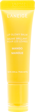 Laneige Lip Glowy Balm Mango, żółta tubka 10g. Widok z przodu z białym napisem marki i smakiem mango.