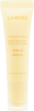 LANEIGE Lip Glowy Balm Vanilla w bladożółtej tubce, złote napisy, z przodu, poj. 10g, nawilżający.
