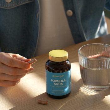Osoba z kapsułką, butelka Natu.Care Formula Aqua na drenaż z niebieską etykietą, szklanka wody obok.