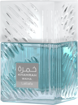 Woda perfumowana unisex Lattafa Khamrah Waha, turkusowa butelka z reliefową teksturą, widok z przodu.