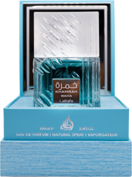 Woda perfumowana Lattafa Khamrah Waha unisex, o świeżym cytrusowo-morskim zapachu. Niebieska butelka w otwartym, błękitnym pudełku.